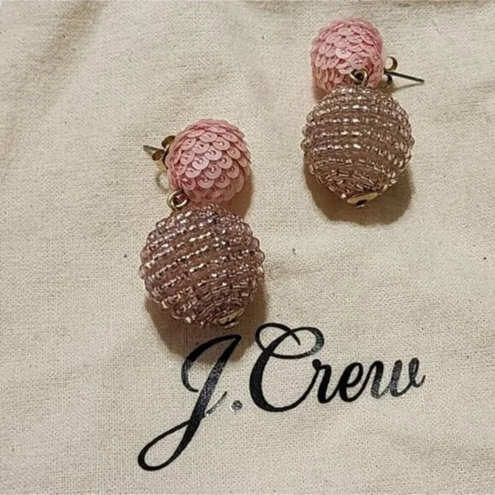 J. Crew Mauve‎ Pink Beaded Sequin Ball Drop Statement Earrings Gold Tone